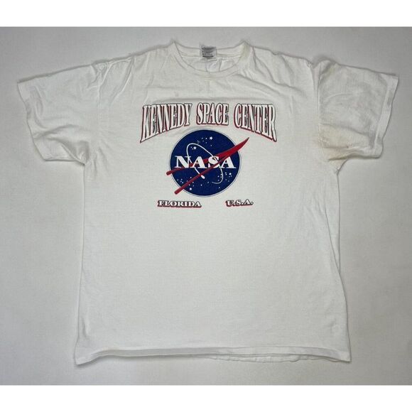VINTAGE Kennedy Space Center NASA T-shirt Men XL White 90s Single Stitch - Picture 1 of 10